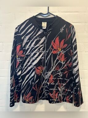 Jess & Jane Lily Flowers Jacket Black Floral Zebra Stripe Full Zip Rhinestone S